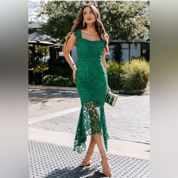 NWT Vici Emerald Green Crochet Lace Ruffle Midi Dress XS Feminine Chic Vacation - Picture 3 of 9